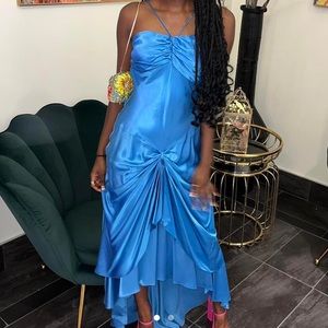 Blue satin dress with rouched detailing💙